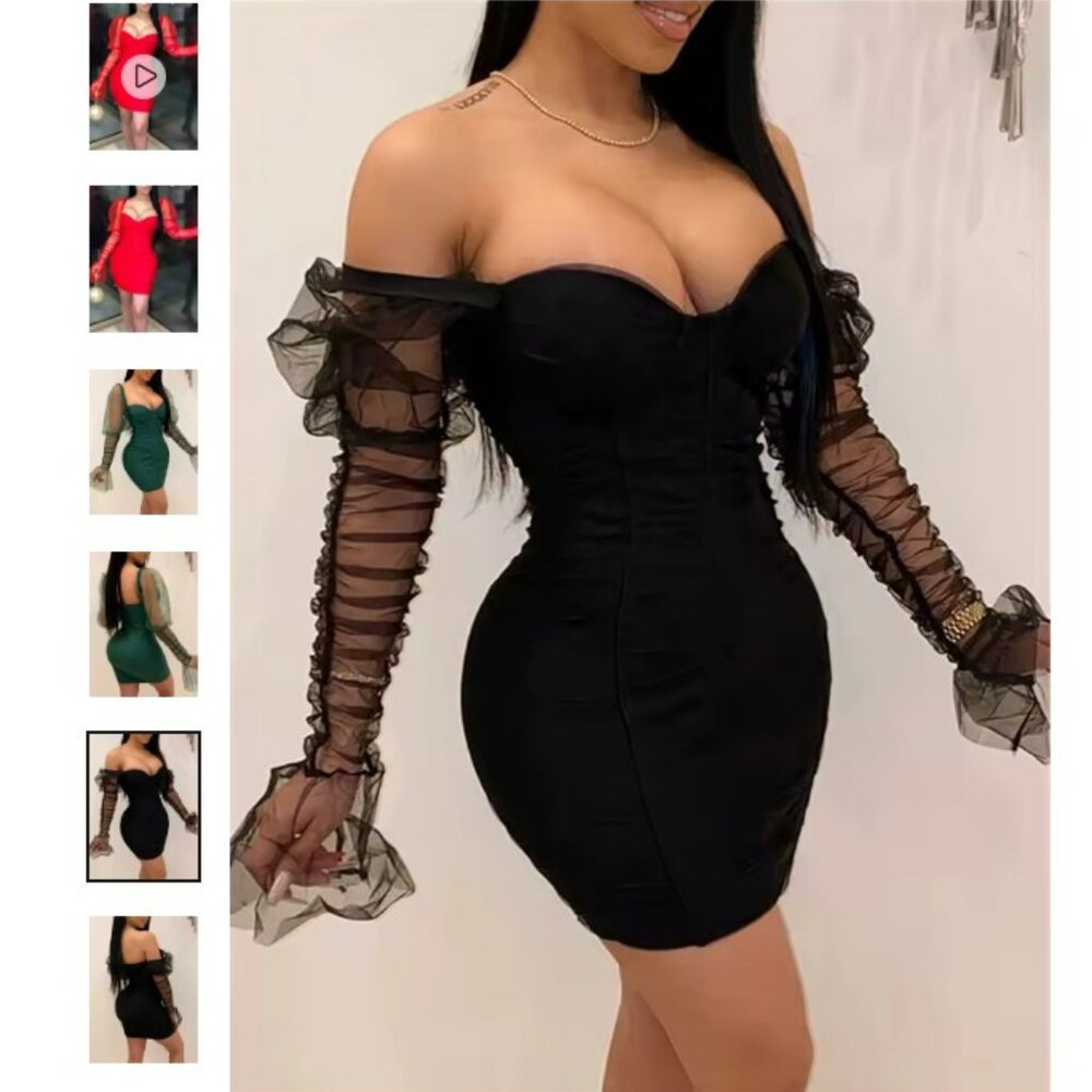 Women's Sexy Mesh Puff Sleeve Party Dress